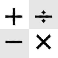 silhueta pixel arte, anos 90 humor, 8 bits retro estilo silhueta mais, menos, multiplicar, dividir, conjunto do matemática página Preto ícones ou símbolos em pixelizada estilo ilustração vetor