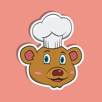 adesivo de rosto de animal com urso usando chapéu de chef. Design de personagem. vetor