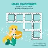 matemática palavras cruzadas enigma para crianças. Adição, subtração, multiplicação e divisão. contando acima para 20. ilustração. jogos com desenho animado fofa sereia. tarefa, Educação material para crianças. vetor