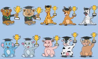 personagem de dez animais com troféu e tema de graduação vetor