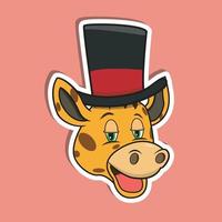 adesivo de rosto de animal com girafa usando chapéu de circo. Design de personagem. vetor