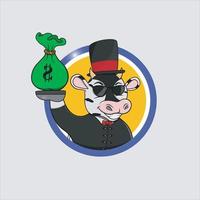 etiqueta do círculo da cabeça da vaca dos desenhos animados ricos com trazer dinheiro vetor
