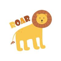 fofa ilustração com leão. desenhado à mão crianças impressão com leão e rotulação. vetor