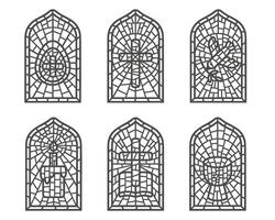 Igreja manchado janelas com religioso Páscoa símbolos. cristão mosaico vidro arcos conjunto com Cruz pomba copo e ovo isolado em branco fundo. esboço ilustração vetor