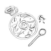ilustração. ilustração do uma prato com borscht, banha com alho e pão, uma colher de sopa. todos objetos estão desenhado dentro dentro Preto. adequado para impressão em papel, menus, receitas vetor