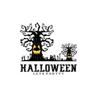 design de logotipo do dia das bruxas, fantasma vetorial, árvore, abóbora, aranha, morcego, túmulo, mão, cartaz assustador da lua vetor