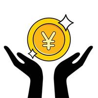 mão segurando a moeda de ouro dos ienes. ilustração vetorial vetor