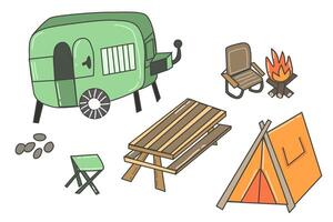 verão acampamento conjunto do desenho animado estilo acampamento adesivos vetor