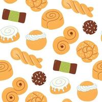 padrão sem emenda com doces suecos tradicionais. pão de kanelbulle, rolo de canela, semla, lussekatt, dammsugare e chokladboll. ilustração vetorial desenhada à mão vetor