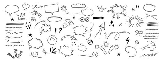 uma conjunto do mão desenhado esboço elementos Incluindo Setas; flechas, escova golpes, discurso bolhas, explosões e redesenha. ilustração vetor