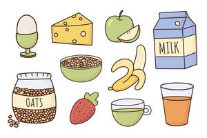 saudável café da manhã definir, mão desenhado adesivos, vários Comida e bebidas, ovo, queijo, aveia, aveia, morango, banana leite, verde chá, suco, ilustração vetor