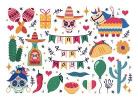 cinco de maionese definir. símbolos do a mexicano feriado - festivo festão, açúcar crânio, tequila e Lima, cacto, pinhata, maracás. a comemorar carnaval, festa. mão desenhado rabiscos, desenho animado clipart vetor