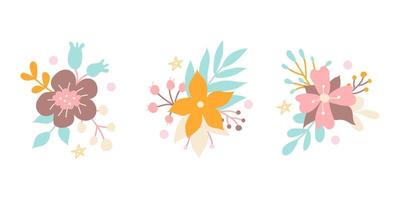 conjunto de belas flores de cores diferentes com elementos decorativos de plantas. imagem vetorial em estilo simples. decoração floral para convites, cartões postais, adesivos vetor