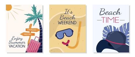 conjunto do verão de praia cartazes com uma mergulho mascarar, Palma árvore e bagagem. plano estilo ilustração Projeto para uma viagem período de férias poster, bandeira ou folheto modelo. ilustrações definir. vetor