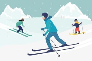 ilustração dos desenhos animados da estância de esqui. conjunto de esquiadores. mulher homem e menina esquiar. ilustração de inverno para seu projeto. vetor plano
