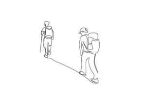 dois pessoas montanha caminhada caminhada caminhando acima a Colina costas traseiro atrás Visão estilo de vida linha arte Projeto vetor