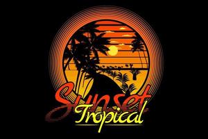 desenho de silhueta retro tropical do pôr do sol vetor