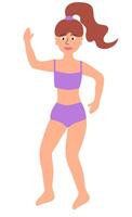 corpo positivo conceito. feliz alta fino mulher dentro roxa roupa de banho saltando. desenho animado plano ilustração. vetor