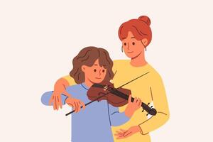 Aprendendo para jogar violino para Adolescência garota, a partir de profissional professor quem ajuda para aguarde arco corretamente vetor