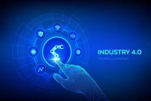 conceito de indústria 4.0 inteligente. automatização da fábrica. tecnologia industrial autônoma. etapas de revoluções industriais. interface digital tocante de mão robótica. ilustração vetorial.