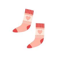 par de meias bonitos com coração, ilustração vetorial plana isolada no fundo branco. roupas quentes para os pés ou meia para presente de Natal.