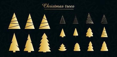 árvores de natal - conjunto de 18 ícones dourados. Feliz Natal e Feliz Ano Novo 2022. ilustração em vetor. vetor