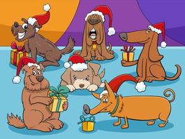 desenho animado grupo de personagens de cães e filhotes na época do Natal vetor