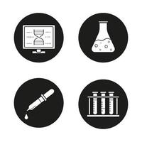 conjunto de ícones de laboratório de ciências. pesquisa de DNA, copo com líquido, conta-gotas médico, suporte para tubos de ensaio. Ilustrações vetoriais de silhuetas brancas em círculos pretos vetor