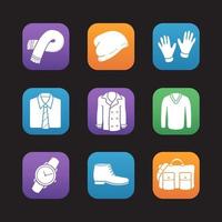 conjunto de ícones de design plano de moda masculina. roupas e acessórios. lenço, chapéu de inverno, luvas, camisa e gravata, casaco, suéter, relógio de pulso, bota, bolsa. interface de aplicativo da web. ilustrações vetoriais vetor