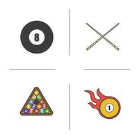 conjunto de ícones de cores de bilhar. equipamento de piscina. acessórios cuesports. bola oito, tacos, rack de bola e bola em chamas. ilustrações vetoriais isoladas