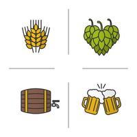 conjunto de ícones de cores de cerveja. espigas de trigo, cones de lúpulo, barril de madeira de álcool, copos de cerveja torrando. ilustrações vetoriais isoladas