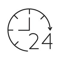 aberto em torno do ícone linear do relógio. ilustração de linha fina. aberto 24 horas por dia. símbolo de contorno. desenho de contorno isolado de vetor