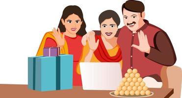 família indiana comemorando festival em videoconferência, ilustração de personagem em fundo branco. vetor