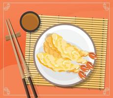 tempura camarão com molho, camarão japonês frito, ilustração vetorial vetor