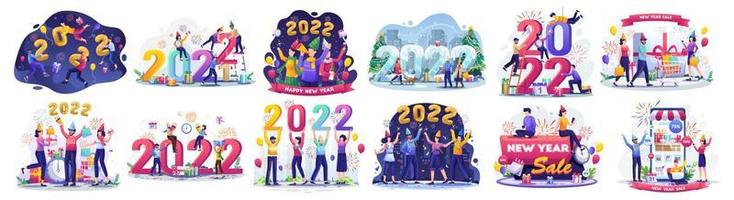 conjunto de ilustração do conceito de ano novo, compras e venda. rapazes e moças fazendo uma festa divertida e as pessoas fazendo compras para comemorar o ano novo de 2022. ilustração em vetor plana