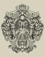 ilustração crânio de cabra satã com moldura de ornamento gravada vetor