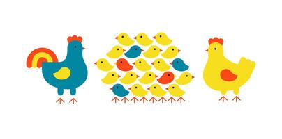 frango família. galo, galinha e grupo do fofa recentemente chocado garotas. plano ilustração isolado em branco fundo. vetor