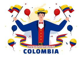 feliz Colômbia independência dia ilustração em 20 Julho com acenando bandeira e fita dentro nacional feriado celebração plano desenho animado fundo vetor