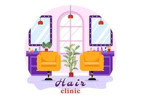 cabelo clínica ilustração com cabeleireiro, corte de cabelo, cuidado capilar e Penteado dentro beleza salão ou barbeiro dentro plano desenho animado fundo vetor