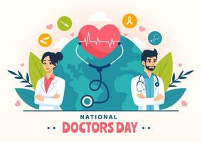 nacional médicos dia ilustração com doutor, estetoscópio e médico equipamento para dedicação e contribuições dentro plano desenho animado fundo vetor