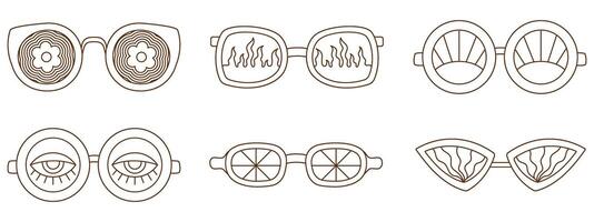 retro groovy oculos de sol coleção com diferente padrões Preto e branco esboço estilo. anos 1970 vibração conjunto vetor