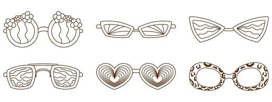 retro groovy oculos de sol coleção com diferente padrões Preto e branco esboço estilo. anos 1970 vibração conjunto vetor