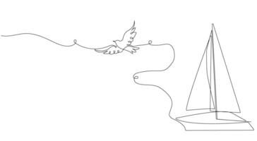uma barco a vela, uma barco, uma enviar, uma mar onda e uma pomba, uma gaivota vôo para dentro a céu. manual desenhando do 1 contínuo linha. vetor