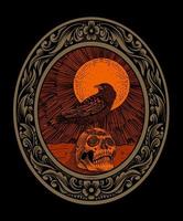 ilustração vetorial pássaro corvo gótico com crânio em ornamento de gravura vintage