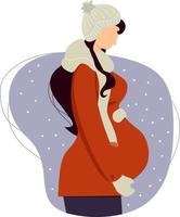 feliz fofa garota grávida em roupas de inverno abraços a barriga. ilustração vetorial vetor