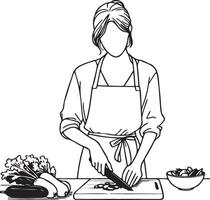 mulher cozinhando às casa esboço desenho. vetor