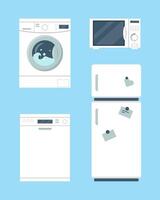 família eletrodomésticos definir. frigorífico, lavando máquina, lava-louças máquina e microondas em azul fundo. vetor