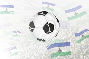 nacional futebol equipe do Lesoto marcou meta. bola dentro objetivo líquido, enquanto futebol apoiantes estão acenando a Lesoto bandeira dentro a fundo. vetor