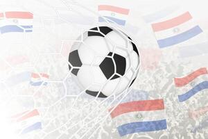 nacional futebol equipe do Paraguai marcou meta. bola dentro objetivo líquido, enquanto futebol apoiantes estão acenando a Paraguai bandeira dentro a fundo. vetor