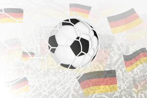 nacional futebol equipe do Alemanha marcou meta. bola dentro objetivo líquido, enquanto futebol apoiantes estão acenando a Alemanha bandeira dentro a fundo. vetor